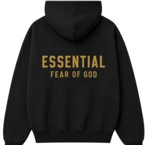 Fear of God Essentials Black Hooded Sweatshirt side profile dropped shoulders