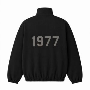 Fear of God Essentials 1977 Jacket Black Back View – Flocked 1977 Logo