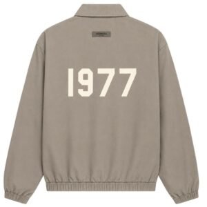 Fear of God Essentials 1977 Jacket Dark Oatmeal Back View – Flocked 1977 Logo