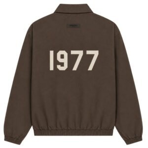 Fear of God Essentials 1977 Snap Button Jacket Brown Back View – Flocked 1977 Logo