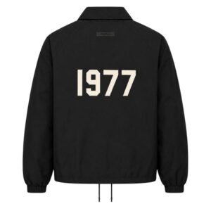 Fear of God Essentials 1977 Snap Button Jacket Black Back View – Flocked 1977 Logo
